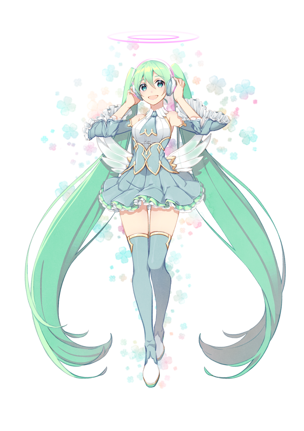 1girl absurdly_long_hair bare_shoulders blue_eyes blush breasts detached_sleeves eyebrows_visible_through_hair full_body green_hair hands_on_headphones hatsune_miku headphones highres long_hair looking_at_viewer medium_breasts open_mouth smile solo sorel standing thigh-highs twintails very_long_hair vocaloid