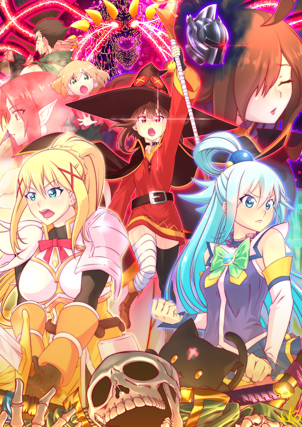 1girl aqua_(konosuba) bandage bandaged_leg bare_shoulders belt black_gloves blonde_hair blue_eyes blue_hair bone breasts button_eyes cape cat chomusuke closed_eyes collar darkness_(konosuba) detached_sleeves dress fingerless_gloves gloves glowing glowing_eyes hair_ornament hair_rings hans_(konosuba) hat highres holding holding_staff kono_subarashii_sekai_ni_shukufuku_wo! large_breasts long_hair megumin multiple_girls open_mouth pointy_ears ponytail red_dress red_eyes redhead satou_kazuma short_hair_with_long_locks single_thighhigh skeleton skull staff sword thigh-highs tongue verdia very_long_hair weapon witch_hat wiz_(konosuba) wolbach x_hair_ornament