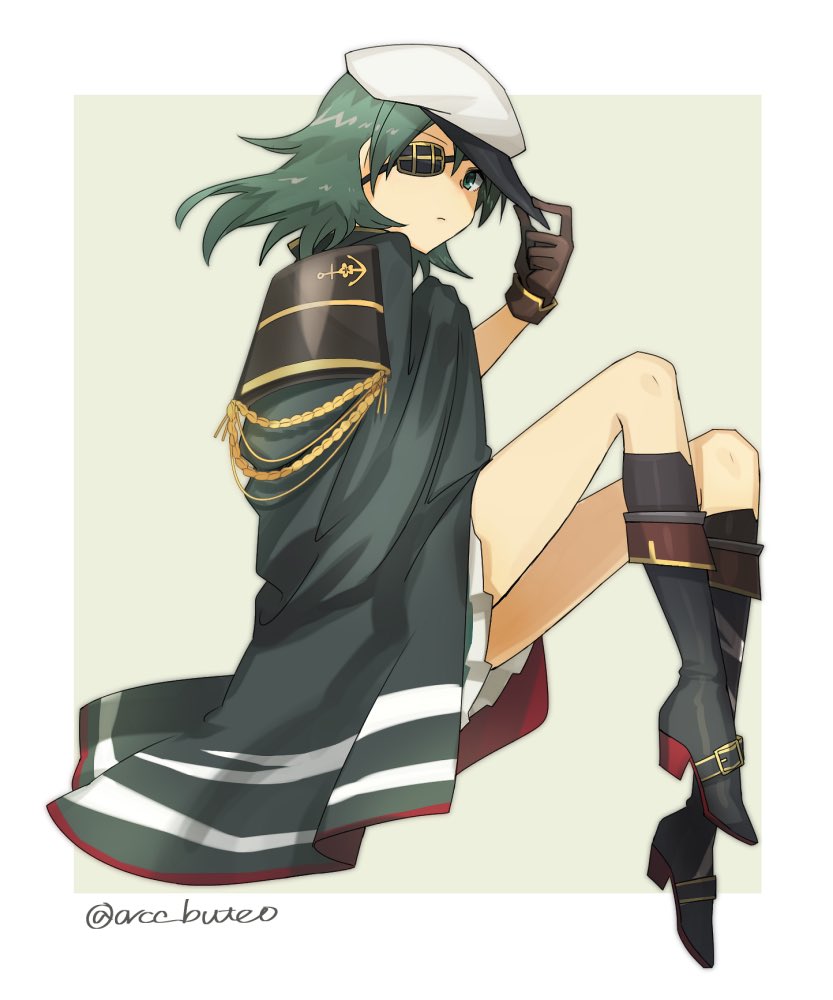 1girl black_footwear black_legwear boots cape eyepatch full_body green_eyes green_hair hat high_heel_boots high_heels kantai_collection kiso_(kantai_collection) kneehighs looking_at_viewer pauldrons pleated_skirt remodel_(kantai_collection) school_uniform serafuku short_hair simple_background sitting skirt solo twitter_username yamashiki_(orca_buteo)