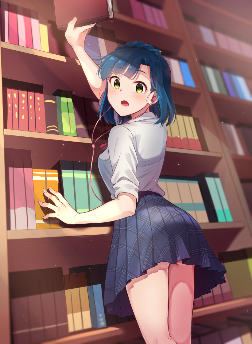 1girl ass black_skirt blush book bookshelf breasts earphones earphones eyebrows_visible_through_hair from_behind holding holding_book idolmaster idolmaster_million_live! kamille_(vcx68) large_breasts looking_at_viewer nanao_yuriko open_mouth short_hair skirt solo