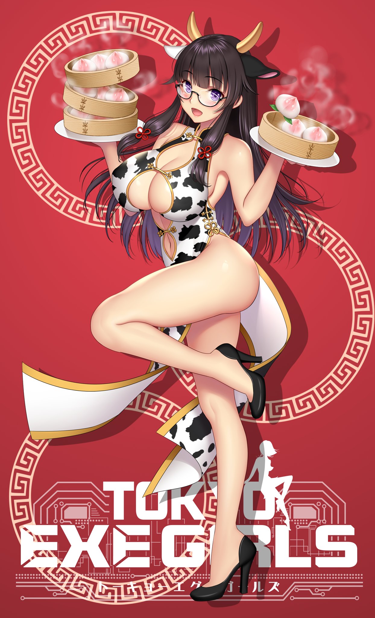 1girl :d animal_ears animal_print armpits bangs baozi bare_shoulders black-framed_eyewear blush breasts china_dress chinese_clothes cow_ears cow_horns cow_print dress extra_ears food full_body glasses high_heels highres horns large_breasts long_hair looking_at_viewer official_art open_mouth pelvic_curtain shimashima08123 sidelocks smile solo standing standing_on_one_leg tokyo_exe_girls violet_eyes