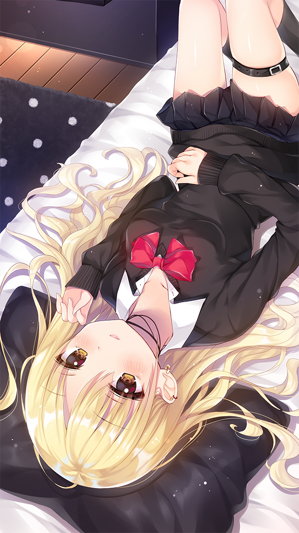1girl bed_sheet belt belt_buckle black_jacket black_legwear black_skirt blonde_hair blush bow breasts buckle collarbone earrings eyebrows_visible_through_hair from_above jacket jewelry knees_up long_hair long_sleeves looking_at_viewer lying necklace noda_shuha on_back on_bed original pillow red_bow red_neckwear rug school_uniform serafuku skirt small_breasts solo upside-down white_collar wooden_floor yellow_eyes