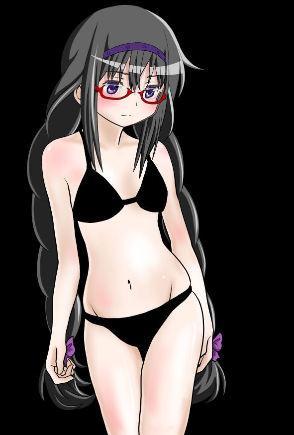 akemi_homura bikini black_background black_bikini black_hair blush braid breasts eyebrows_visible_through_hair groin hairband knives_(knives777) long_braids long_hair mahou_shoujo_madoka_magica navel red_glasses semi-rimless_eyewear small_breasts swimsuit thigh_gap twin_braids under-rim_eyewear violet_eyes