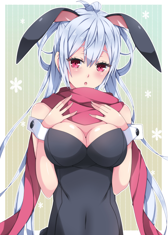 1girl ahoge animal_ears black_leotard blush breasts bunnysuit cleavage covered_navel floating_hair hair_between_eyes large_breasts leotard long_hair looking_at_viewer matoi_(pso2) milkpanda open_mouth phantasy_star phantasy_star_online_2 rabbit_ears red_eyes red_scarf scarf shiny shiny_skin silver_hair solo standing strapless strapless_leotard twintails upper_body very_long_hair wrist_cuffs