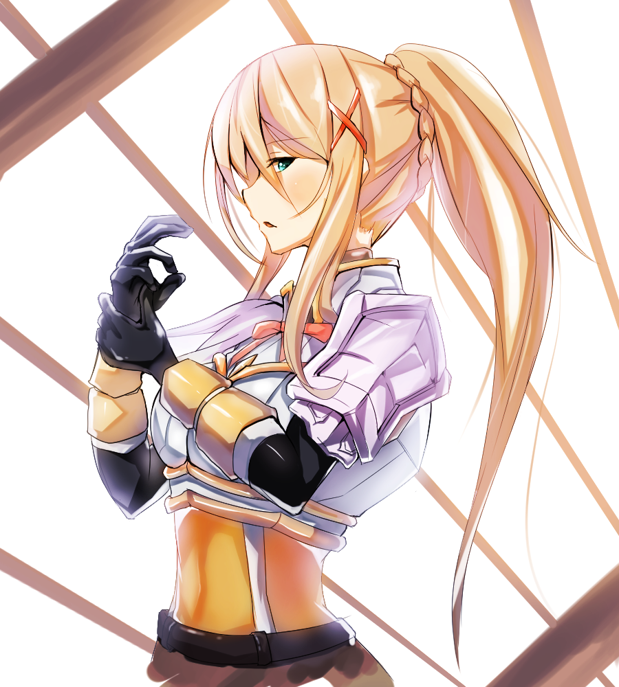 1girl armor blonde_hair blue_eyes darkness_(konosuba) dayongqi hair_ornament kono_subarashii_sekai_ni_shukufuku_wo! long_hair nib_pen_(medium) ponytail solo traditional_media x_hair_ornament