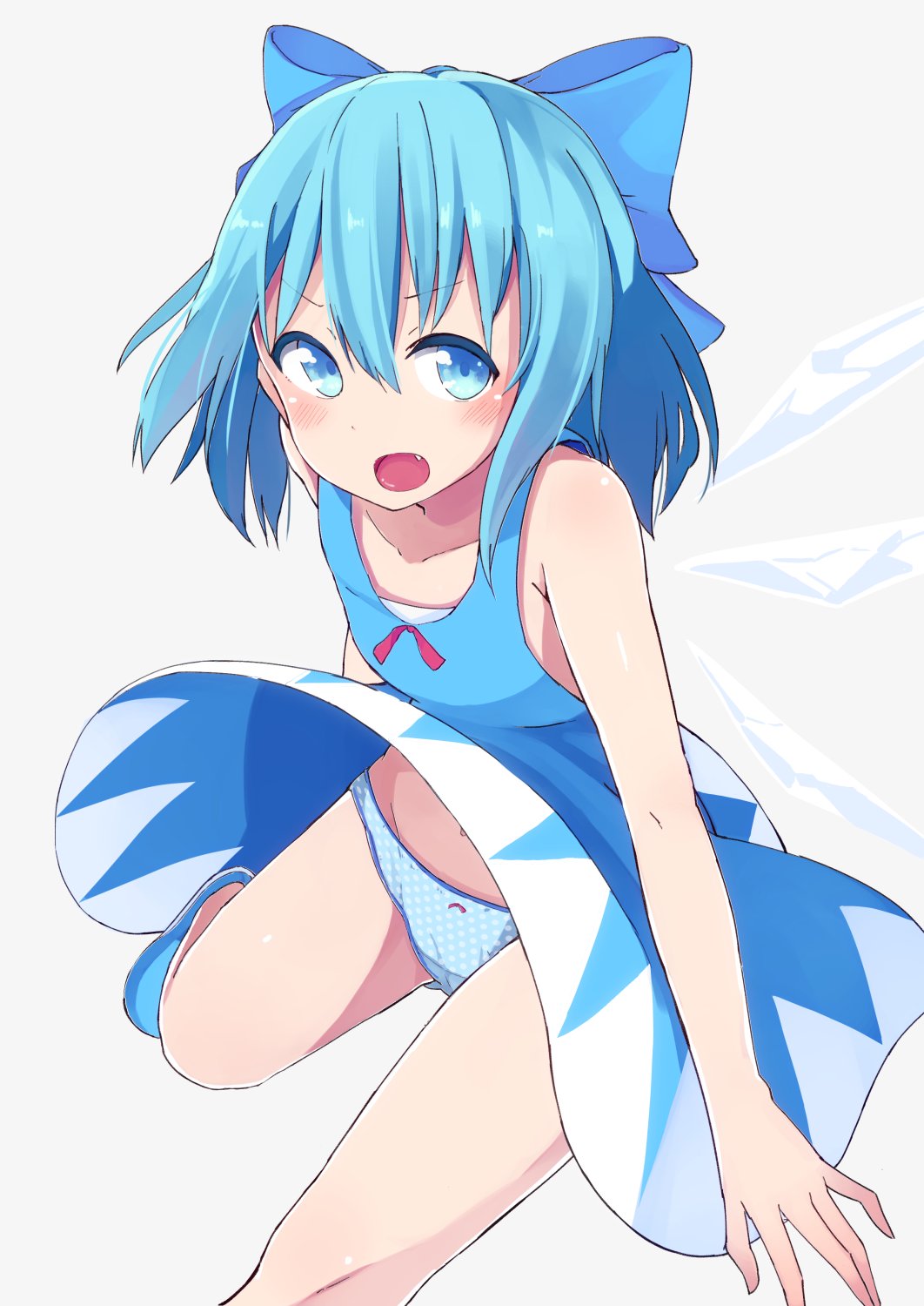 1girl bangs bare_arms bare_legs blue_bow blue_dress blue_eyes blue_footwear blue_hair blue_panties bow bow_panties cirno dress fang grey_background hair_between_eyes hair_bow highres ice ice_wings looking_at_viewer navel okota_mikan open_mouth panties polka_dot polka_dot_panties shoes simple_background sleeveless sleeveless_dress solo touhou underwear wings