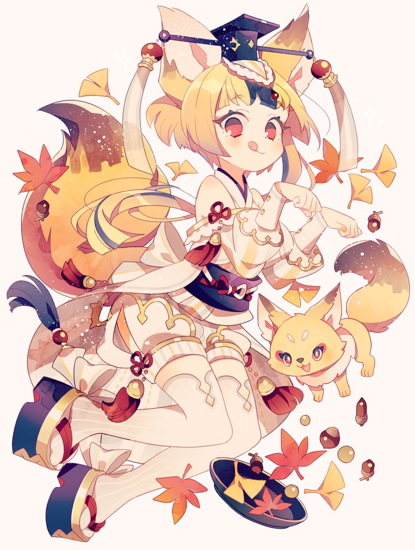 1girl acorn animal_ears autumn_leaves blonde_hair fox fox_ears fox_tail full_body hat headwear_request japanese_clothes licking_lips looking_at_viewer original paw_pose red_eyes sandals smile solo tail thigh-highs tongue tongue_out wakanagi_eku white_legwear