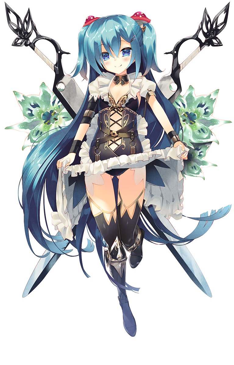 1girl arikawa_satoru black_footwear black_panties blue_eyes blue_hair boots buckle closed_mouth dress dress_lift flat_chest flower flower_knight_girl food_themed_hair_ornament frilled_dress frills hair_ornament hairclip highres long_hair looking_at_viewer mushroom_hair_ornament object_namesake official_art panties simple_background smile solo standing standing_on_one_leg sword thigh-highs thigh_boots two_side_up underwear weapon white_background yakunohinaoshi_(flower_knight_girl)