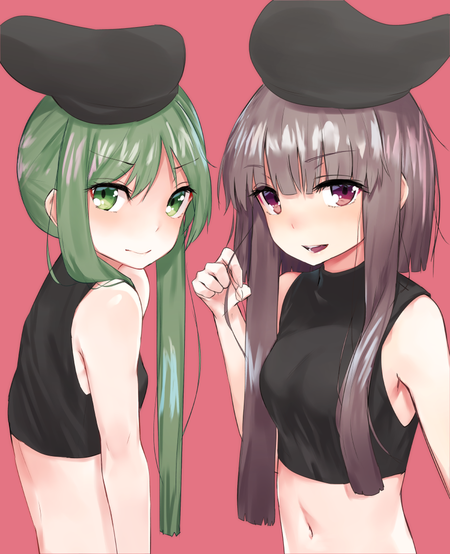 2girls alternate_costume asuzemu bangs bare_arms black_hat blunt_bangs breasts brown_hair closed_mouth crop_top eyebrows_visible_through_hair green_eyes green_hair hand_up hat looking_at_viewer multiple_girls navel nishida_satono pink_background pink_eyes short_hair_with_long_locks simple_background sleeveless small_breasts teireida_mai touhou upper_body