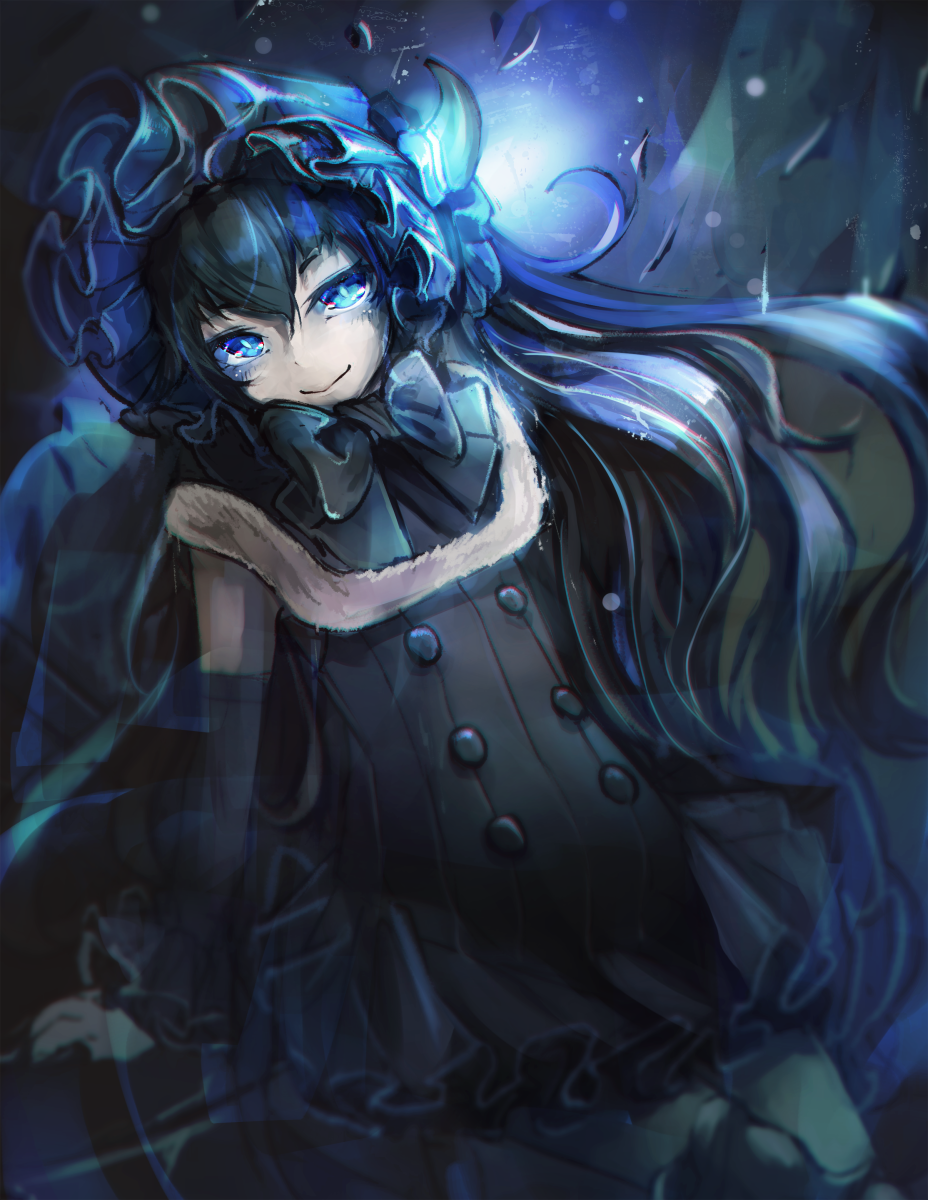 1girl black_hair blue_eyes bonnet capelet gothic_lolita highres kajaneko kantai_collection lolita_fashion long_hair looking_at_viewer northernmost_landing_hime pale_skin shinkaisei-kan sketch smile solo white_skin