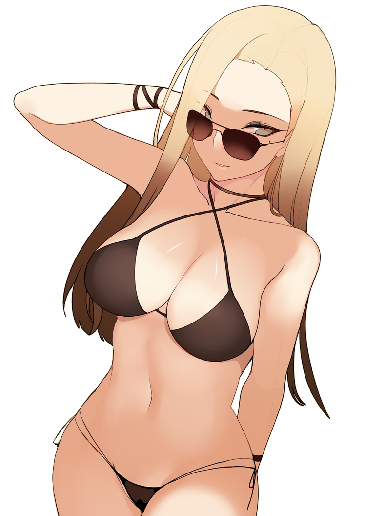 1girl arm_up bad_revision bikini black_bikini blonde_hair breasts brown_bikini brown_hair cleavage closers collarbone cowboy_shot criss-cross_halter gradient_hair halter_top halterneck hand_in_hair harpy_(closers) large_breasts long_hair looking_at_viewer minma mole mole_under_eye multicolored_hair navel parted_lips side-tie_bikini simple_background smile solo sunglasses swimsuit tsurime white_background