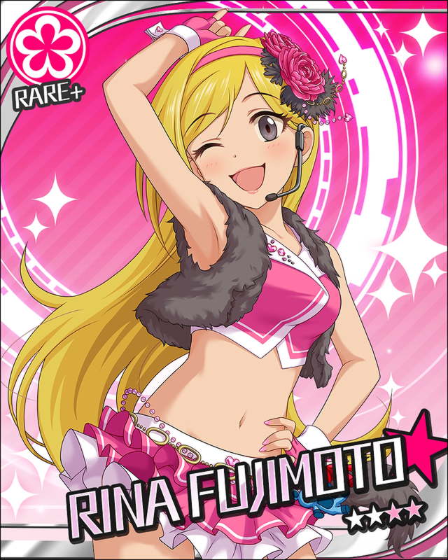 1girl artist_request blonde_hair card_(medium) character_name fingerless_gloves flower flower_(symbol) fujimoto_rina gloves hair_flower hair_ornament hairband headset idolmaster idolmaster_cinderella_girls long_hair nail_polish official_art one_eye_closed pink_background solo sparkle