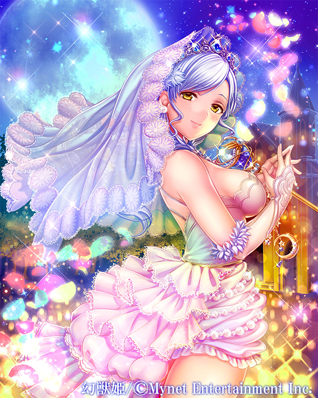 1girl bangs bare_shoulders blue_hair breasts bridal_gauntlets commentary copyright_name crown dress eyebrows_visible_through_hair floral_print fumi_(butakotai) fur_trim hands_together holding jewelry long_hair looking_at_viewer maboroshi_juuhime medium_breasts moon night night_sky petals pink_dress scepter short_dress sky smile solo star_(sky) veil yellow_eyes