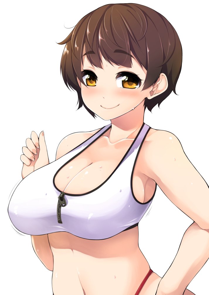 1girl bangs bare_arms bare_shoulders blush breasts brown_hair cleavage closed_mouth copyright_request eyebrows_visible_through_hair fingernails hand_on_hip highleg highleg_panties large_breasts looking_at_viewer nail_polish navel panties pink_nails shachi_kamaboko short_hair simple_background smile solo sports_bra sweat underwear upper_body white_background yellow_eyes