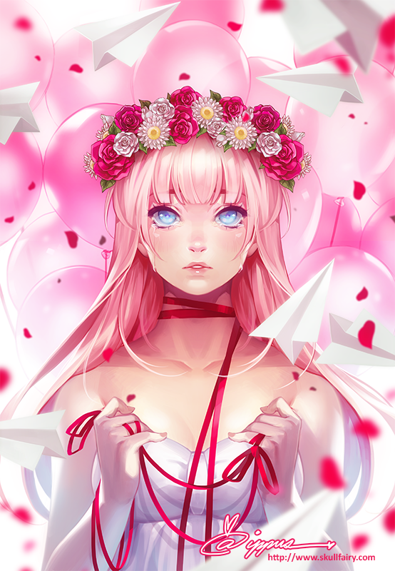 balloon bangs bare_shoulders blue_eyes collarbone crying crying_with_eyes_open daisy dress flower flower_wreath head_wreath just_be_friends_(vocaloid) lips long_hair megurine_luka na_young_lee paper_airplane petals pink_hair red_rose ribbon rose rose_petals signature solo tears vocaloid watermark web_address white_rose