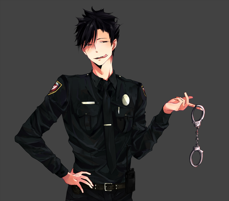 1boy banakiri belt black_hair black_neckwear cuffs grey_background haikyuu!! hand_on_hip handcuffs kuroo_tetsurou licking_lips looking_at_viewer male_focus pen pocket police police_uniform policeman spiky_hair standing tongue tongue_out uniform walkie-talkie