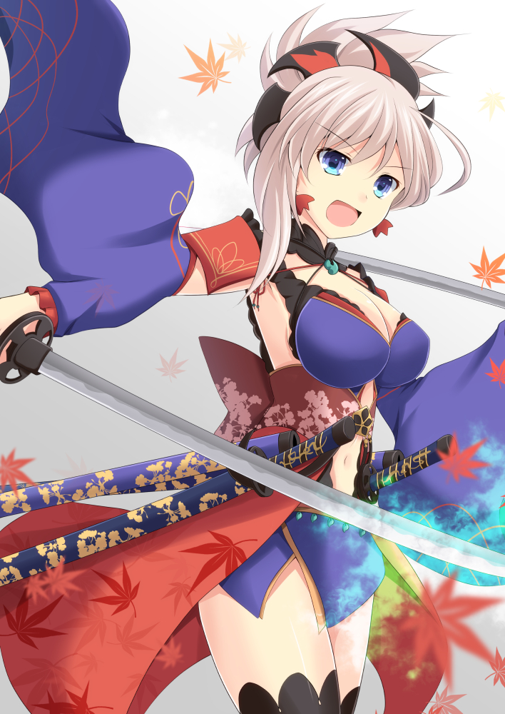 1girl asymmetrical_hair breasts center_opening cleavage cross_(crossryou) detached_sleeves fate/grand_order fate_(series) holding holding_sword holding_weapon japanese_clothes katana kimono leaf_print medium_breasts miyamoto_musashi_(fate/grand_order) navel obi open_mouth pink_hair sash short_hair short_kimono sleeveless sleeveless_kimono solo sword weapon white_background