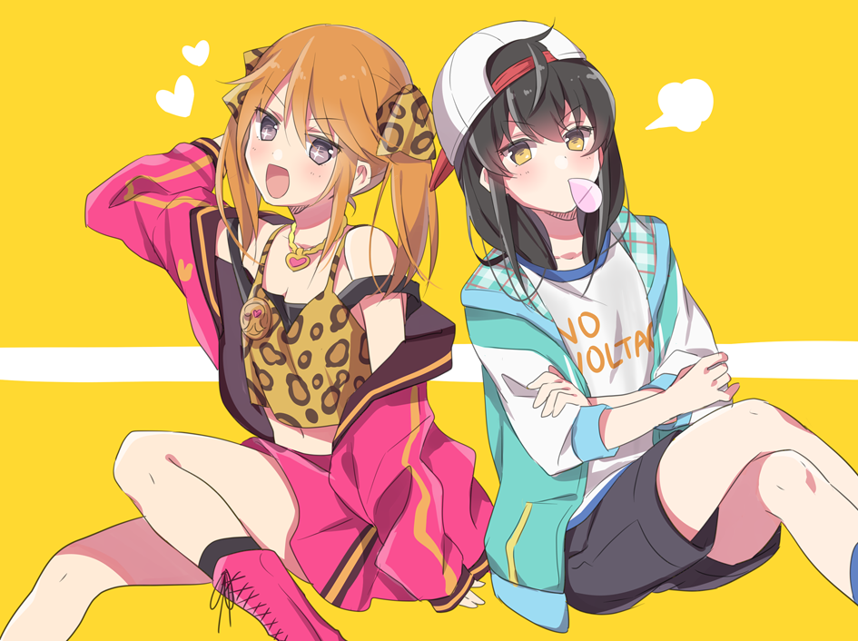 +_+ 2girls :d backwards_hat bare_shoulders baseball_cap black_hair blush boots brown_eyes bubble_blowing chewing_gum commentary_request cosplay crossed_arms eyebrows_visible_through_hair hair_between_eyes hair_ribbon hat heart hood hoodie idolmaster idolmaster_cinderella_girls jewelry legs_crossed long_hair looking_at_viewer matoba_risa matoba_risa_(cosplay) multiple_girls navel necklace off_shoulder open_mouth orange_hair ribbon riku_(melty_drop) shorts simple_background sitting skirt smile twintails two-tone_background yellow_eyes yuuki_haru yuuki_haru_(cosplay)