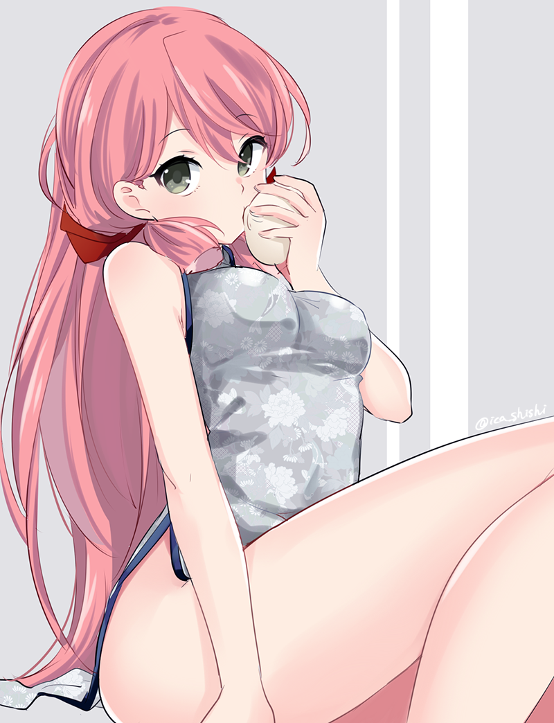 1girl akashi_(kantai_collection) alternate_costume baozi bare_shoulders breasts china_dress chinese_clothes commentary dress eating food green_eyes groin ica kantai_collection long_hair looking_at_viewer medium_breasts no_panties pink_hair sitting solo