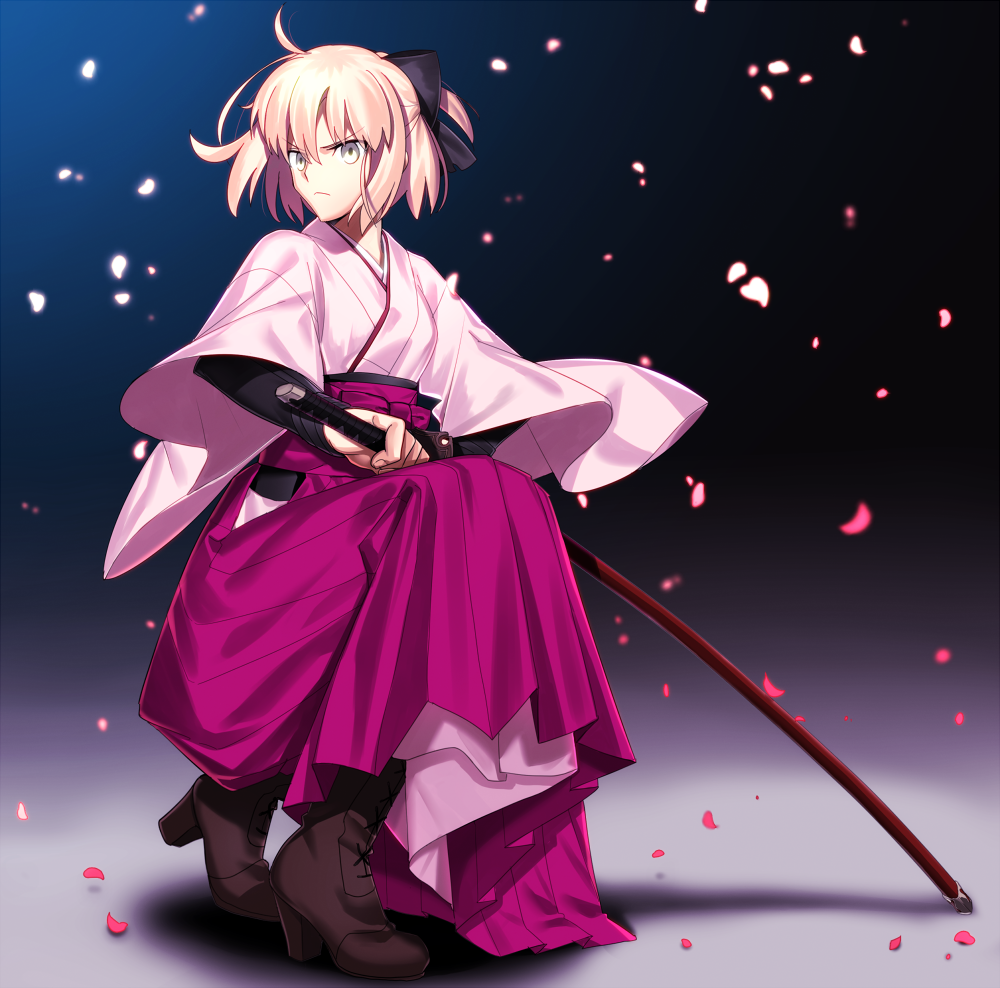 1girl boots breasts fate_(series) grey_eyes hair_ribbon high_heels holding holding_sword holding_weapon japanese_clothes katana kimono kneeling koha-ace petals pink_hair ribbon sakura_saber sen_(77nuvola) sheath sheathed short_hair solo sword weapon