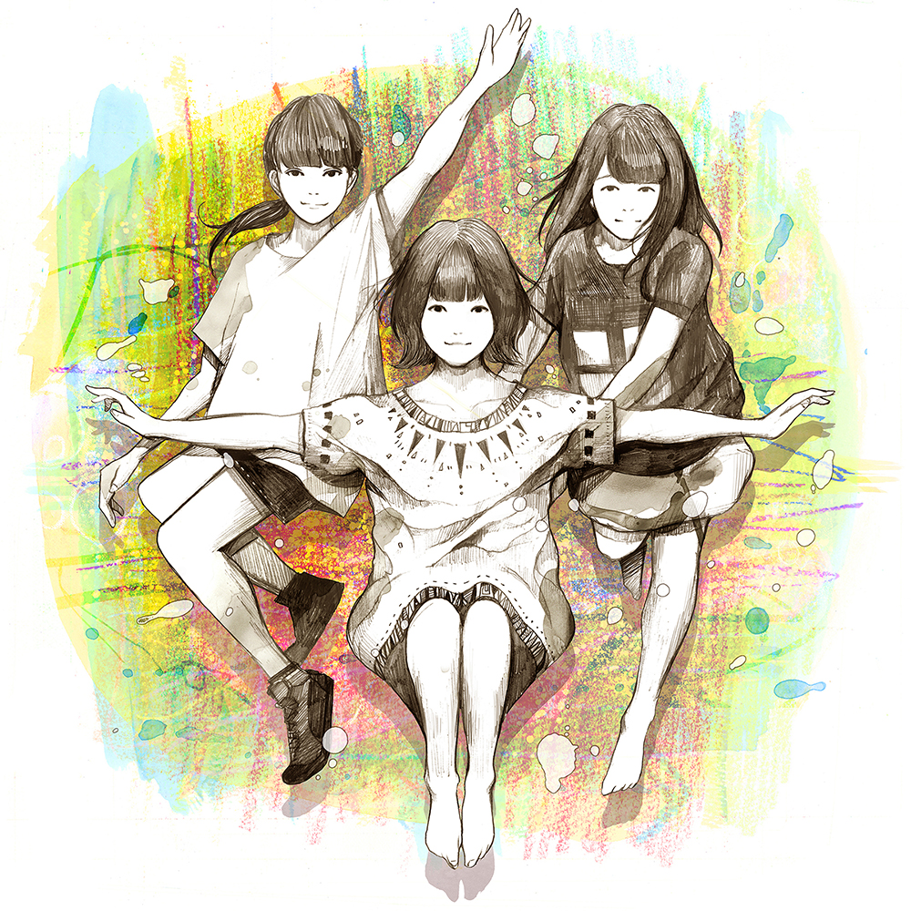 3girls barefoot closed_mouth commentary long_hair looking_at_viewer multiple_girls original outstretched_arms ponytail shadow shoes short_hair short_sleeves shorts sitting spread_arms wataboku