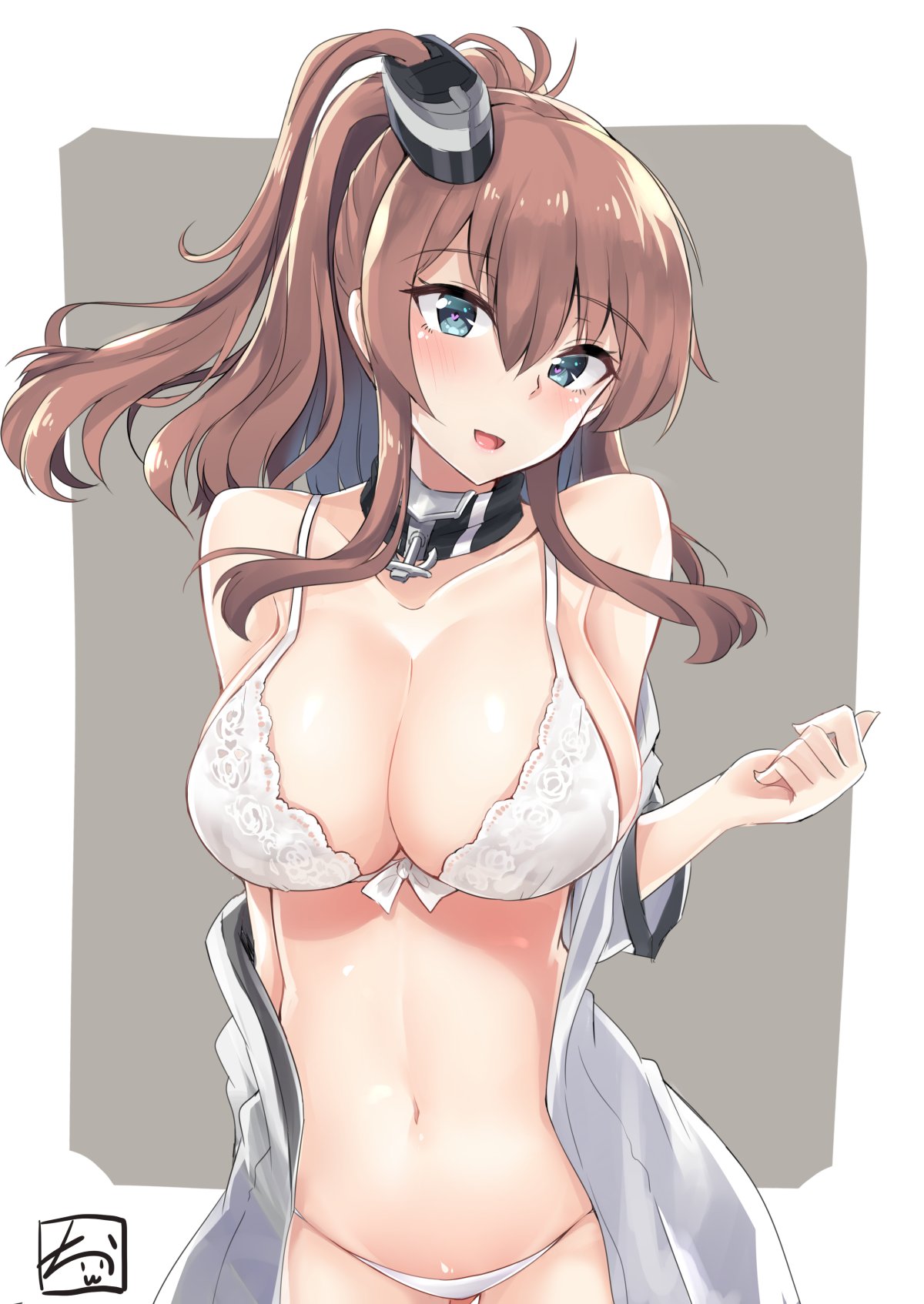 1girl anchor bare_shoulders black_neckwear blue_eyes blush bra breasts collarbone dress eyebrows_visible_through_hair gluteal_fold grey_background hair_between_eyes heart heart-shaped_pupils highres kantai_collection kazami_chiu large_breasts long_hair looking_at_viewer navel neckerchief off_shoulder open_clothes open_dress open_mouth outside_border panties ponytail remodel_(kantai_collection) saratoga_(kantai_collection) side_ponytail sidelocks signature simple_background solo symbol-shaped_pupils underwear upper_body white_border white_bra white_dress white_panties