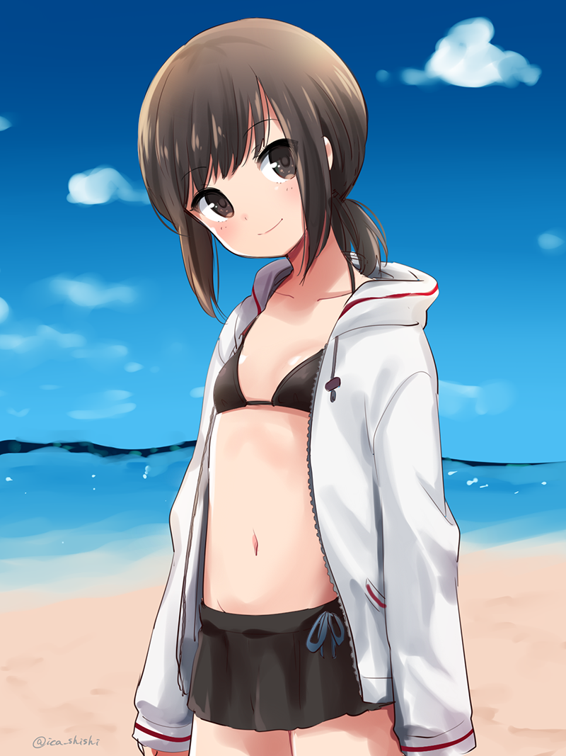 1girl alternate_costume arms_at_sides bangs beach bikini bikini_skirt bikini_under_clothes black_bikini black_eyes black_hair blue_ribbon blue_sky blush closed_mouth clouds commentary cowboy_shot day drawstring eyebrows eyebrows_visible_through_hair eyes_visible_through_hair flat_chest from_side fubuki_(kantai_collection) head_tilt hood hood_down hooded_jacket ica jacket kantai_collection light_smile long_sleeves looking_at_viewer low_ponytail navel ocean open_clothes open_jacket outdoors pocket ribbon short_hair short_ponytail sidelocks sketch sky smile solo standing stomach swimsuit twitter_username unzipped water white_jacket