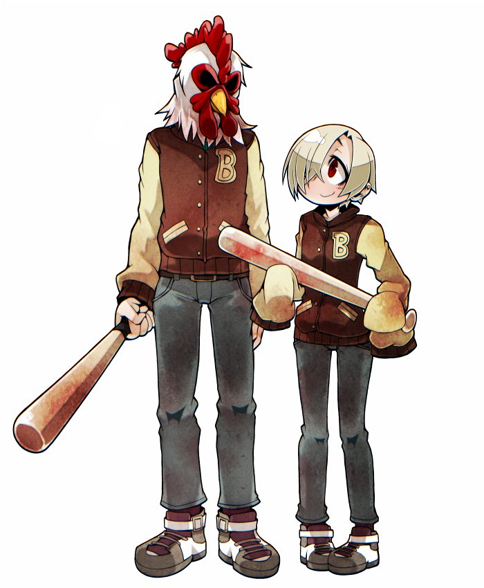 1boy 1girl ayame_(0419) baseball_bat blonde_hair blood bloody_weapon boots commentary_request cosplay crossover denim ear_piercing full_body hair_over_one_eye hotline_miami idolmaster idolmaster_cinderella_girls jacket jacket_(hotline_miami) jacket_(hotline_miami)_(cosplay) jeans looking_at_another matching_outfit pants piercing red_eyes richard_(hotline_miami) shirasaka_koume short_hair simple_background sleeves_past_wrists smile weapon white_background