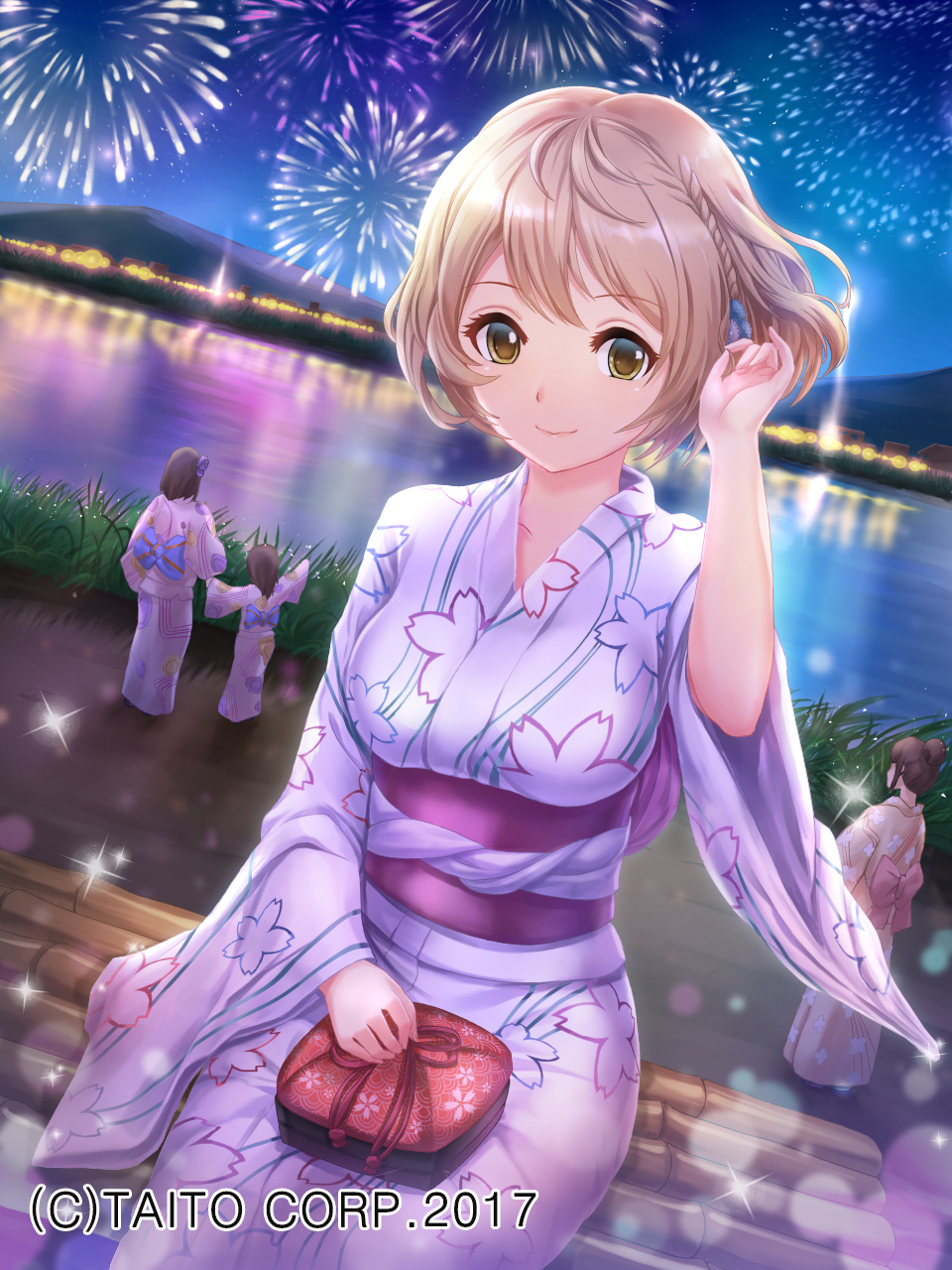 4girls adjusting_hair braid brown_eyes brown_hair fireworks highres ilog japanese_clothes kimono lake light_brown_hair looking_at_viewer lunacle multiple_girls night night_sky official_art outdoors short_hair sitting sky sparkle water