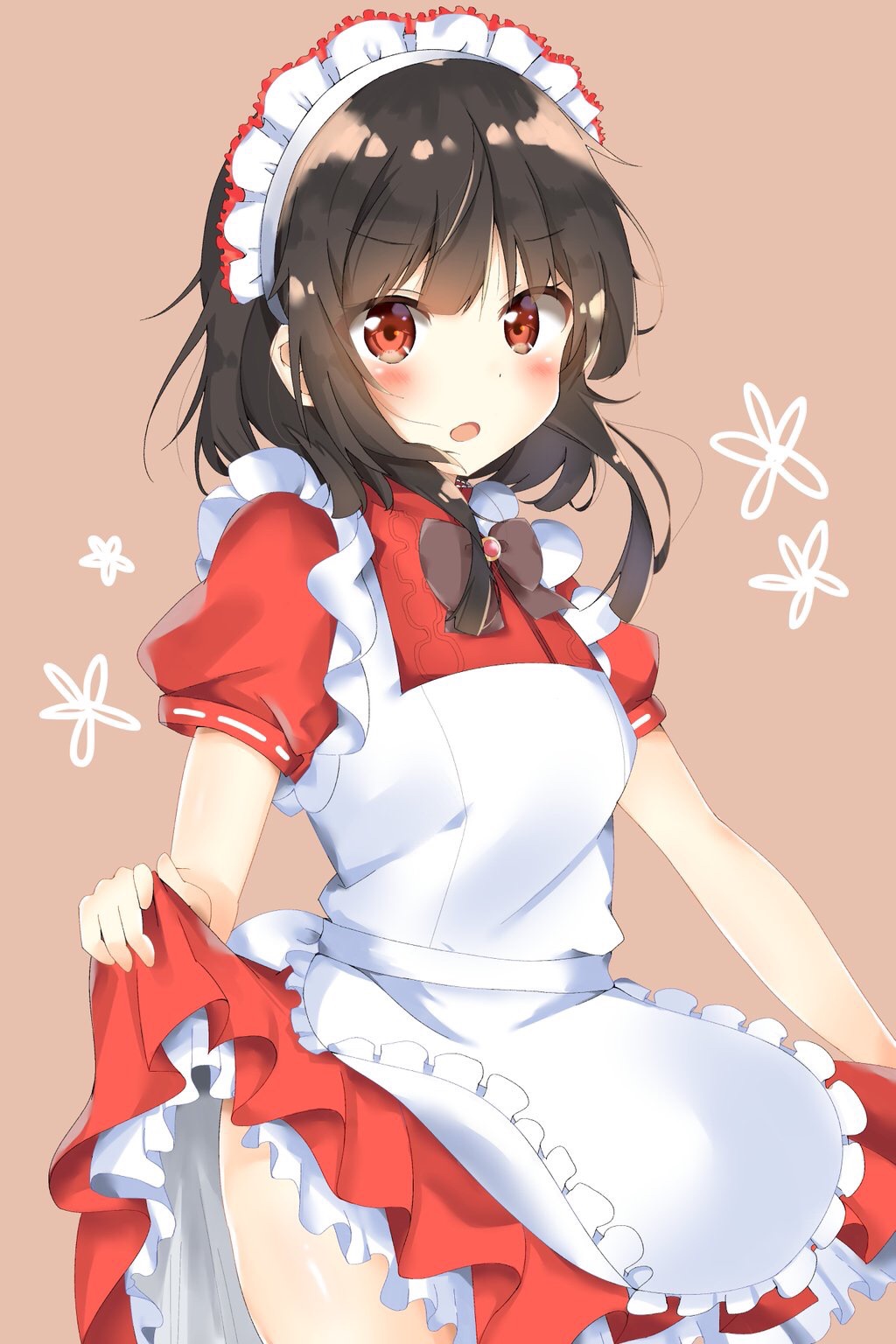 1girl alternate_costume apron black_hair blush frills highres kono_subarashii_sekai_ni_shukufuku_wo! looking_at_viewer maid maid_apron maid_headdress megumin miyu19996513 puffy_sleeves red_eyes waist_apron