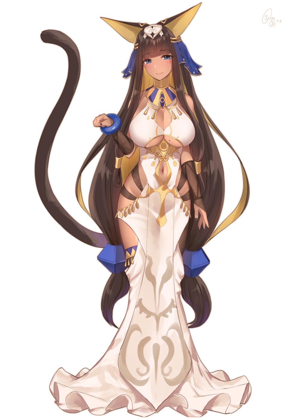 1girl animal_ears bangs black_nails blue_eyes blunt_bangs blush bracelet breasts bridal_gauntlets cat_ears cat_tail cleavage closed_mouth commentary_request dark_skin dress egyptian eyebrows_visible_through_hair facial_mark full_body hair_ornament hair_tubes highres jewelry large_breasts long_dress long_hair looking_at_viewer mole mole_on_breast nail_polish navel navel_cutout original paw_pose signature simple_background smile solo standing tail under_boob very_long_hair white_background white_dress yaman