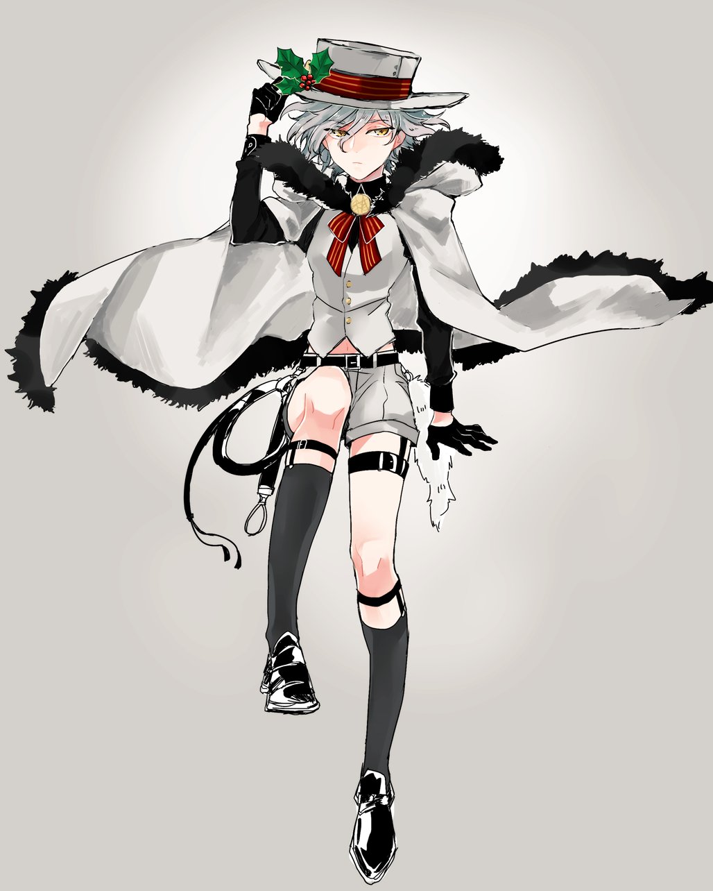 1boy black_gloves cape child edmond_dantes_(fate/grand_order) fate/grand_order fate_(series) fur_trim garter_straps gloves grey_background half_gloves hat highres holly kneehighs male_focus ribbon santa_costume shorts silver_hair simple_background sock_garters socks solo white_gloves yellow_eyes younger yuyuto
