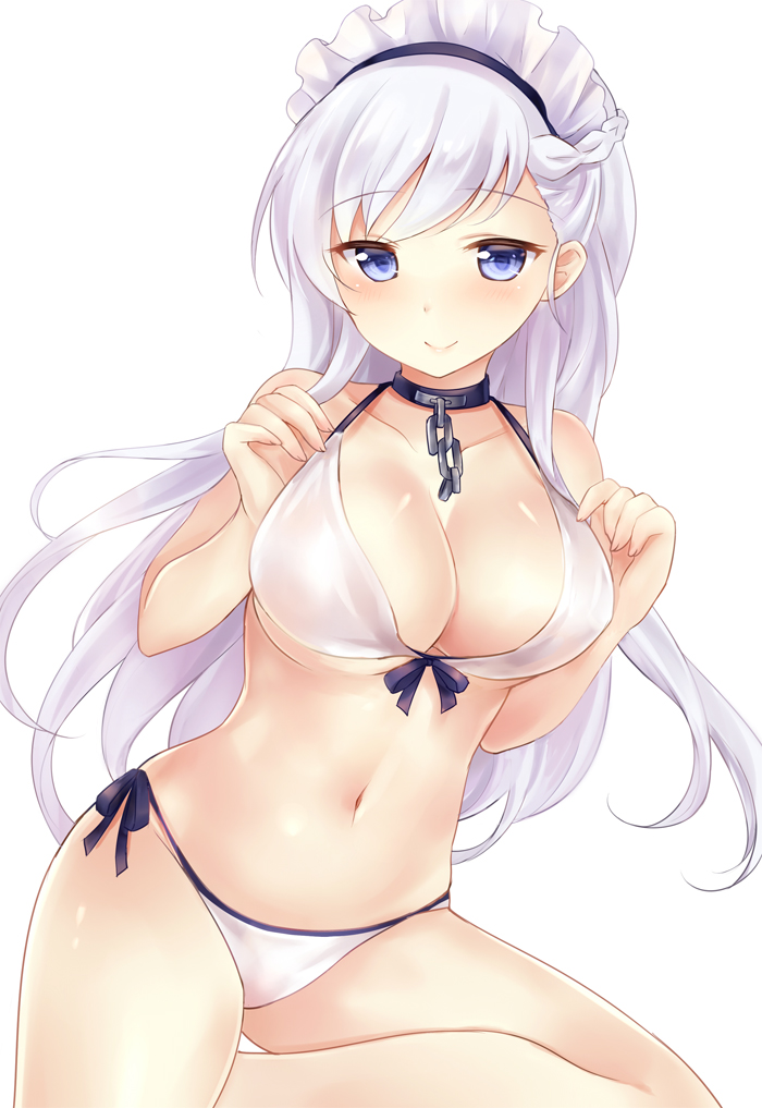 1girl azur_lane belfast_(azur_lane) bikini blue_eyes braid breasts chains choker cleavage cowboy_shot french_braid front-tie_top large_breasts long_hair looking_at_viewer maid_headdress navel nikoo side-tie_bikini silver_hair simple_background solo swimsuit white_background