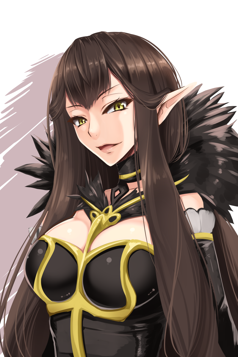 1girl assassin_of_red bare_shoulders black_dress black_hair breasts detached_sleeves dress fate/apocrypha fate_(series) fur_trim highres large_breasts long_hair looking_at_viewer open_mouth pointy_ears shuugetsu_karasu smile solo upper_body very_long_hair yellow_eyes