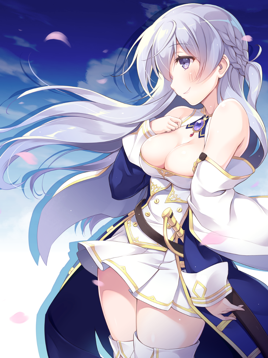 1girl azur_lane bangs bare_shoulders blue_eyes blush breasts cleavage commentary detached_sleeves eyebrows_visible_through_hair furumiya_haiji hand_on_own_chest highres lavender_hair looking_away medium_breasts military military_uniform outdoors petals rodney_(azur_lane) skirt sky smile solo sword thigh-highs uniform weapon zettai_ryouiki