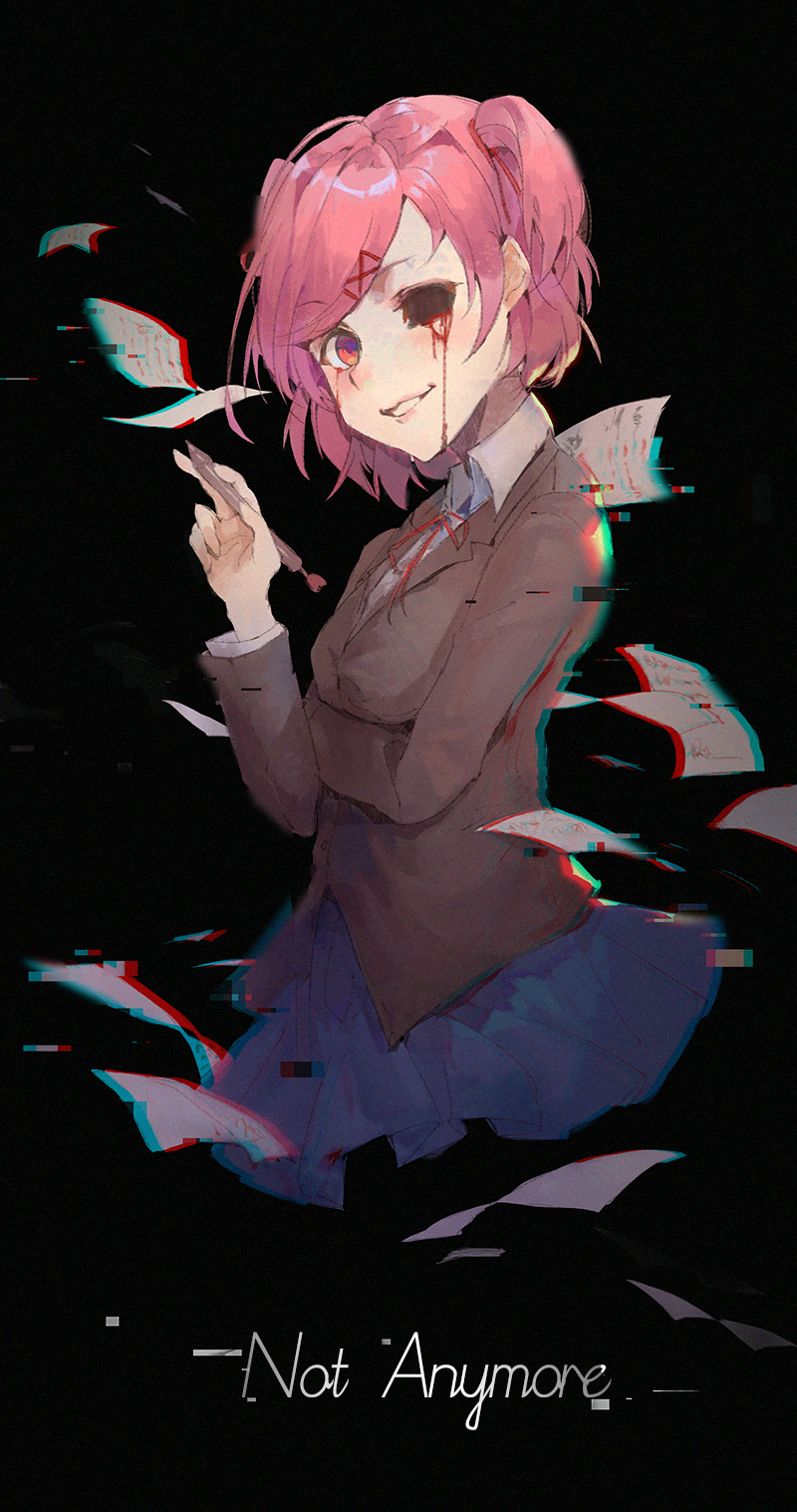 1girl black_background blue_skirt collared_shirt digital_dissolve doki_doki_literature_club english eye_socket grey_jacket hair_ornament hairclip highres jacket kuroduki_(pieat) long_sleeves natsuki_(doki_doki_literature_club) neck_ribbon one_side_up paper parted_lips pen pink_hair pleated_skirt red_eyes red_ribbon ribbon school_uniform shirt skirt smile solo spoilers upper_body wing_collar