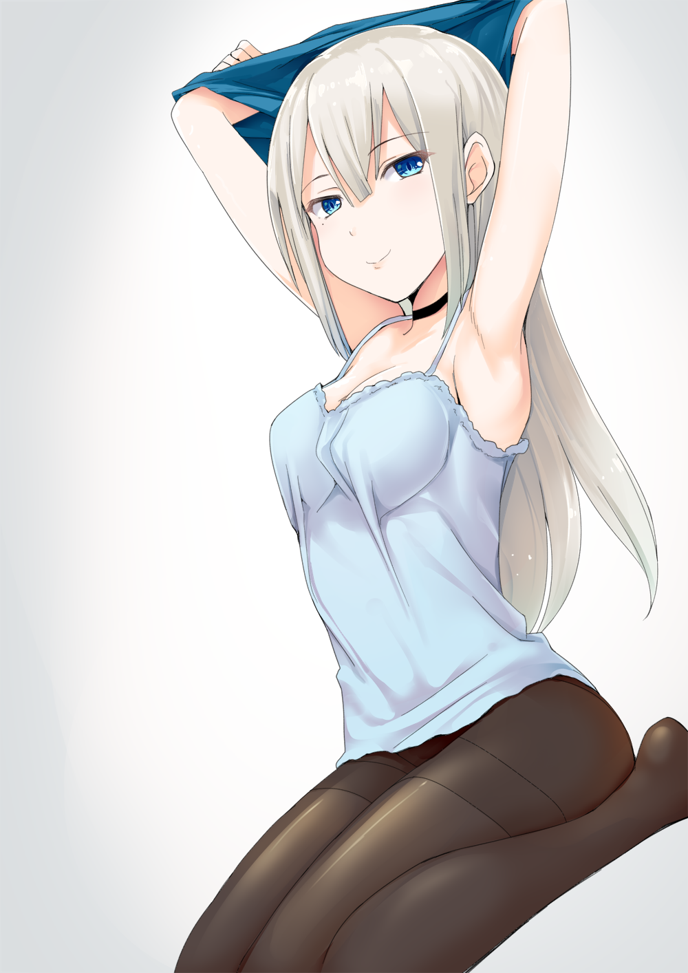 1girl armpits arms_up black_legwear blonde_hair blue_eyes collar commentary_request eyebrows_visible_through_hair hair_between_eyes highres long_hair looking_at_viewer original pantyhose seiza sitting solo sorano_(12gou)