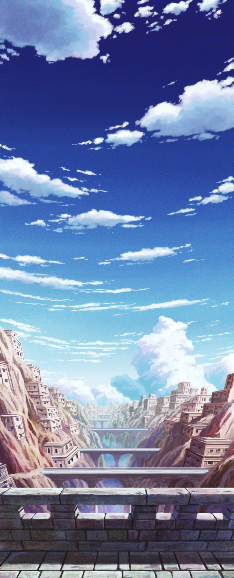 aoha_(twintail) arch bridge canyon city clouds cloudy_sky highres mountain no_humans outdoors river scenery sky stone