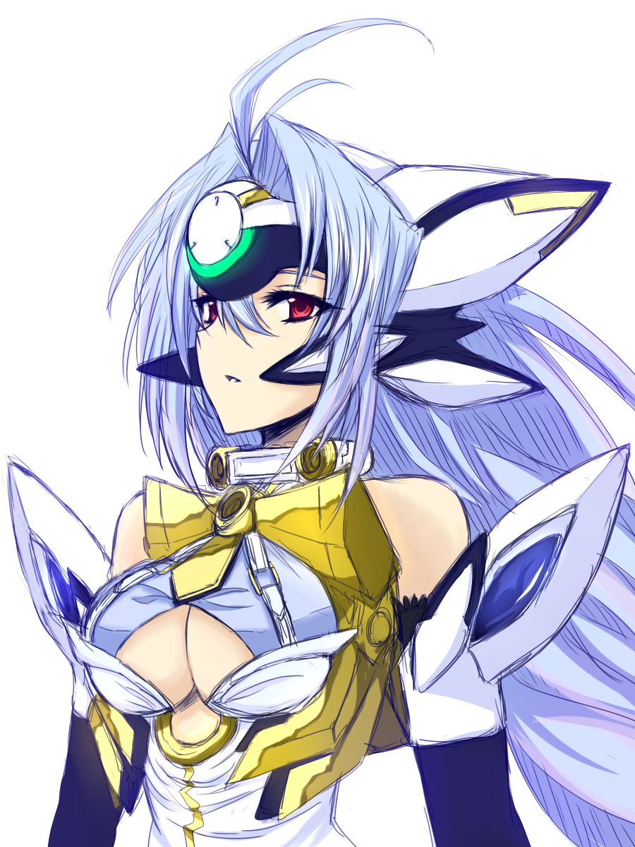 1girl ahoge android blue_hair breasts elbow_gloves gloves highres himo kos-mos kos-mos_ver._4 large_breasts long_hair red_eyes solo very_long_hair xenosaga xenosaga_episode_iii