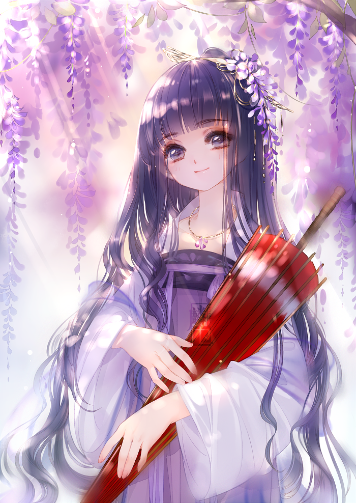 1girl card_captor_sakura clamp daidouji_tomoyo flower keylin-lin- long_hair oriental_umbrella smile solo umbrella very_long_hair wisteria