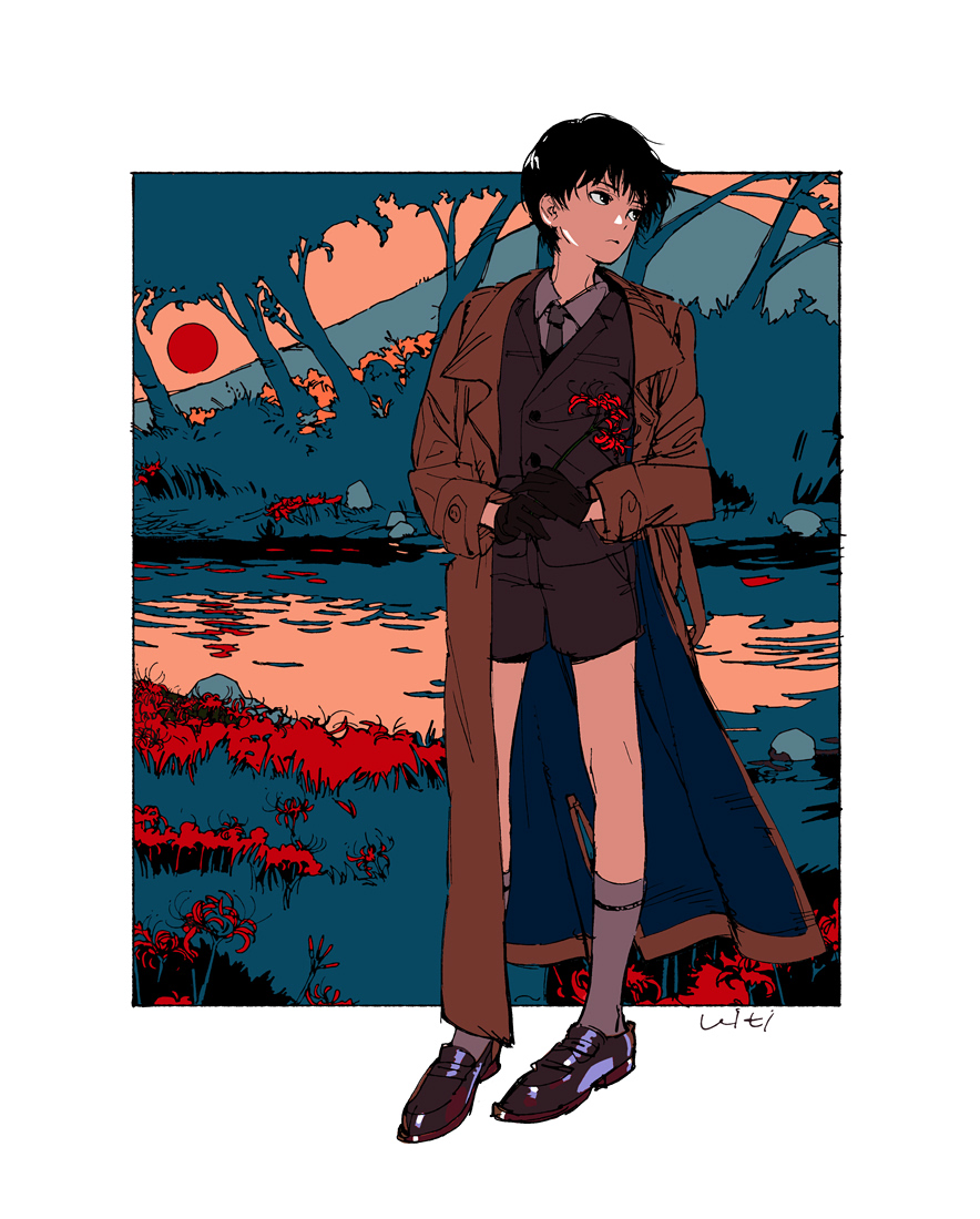 1boy black_eyes black_gloves black_hair brown_footwear closed_mouth coat collared_shirt forest gloves grass grey_legwear grey_neckwear grey_shirt grey_vest lake looking_away looking_to_the_side male_focus nature necktie original pink_sky reflection shirt shoes shorts signature silhouette socks solo standing sunset tree ukumo_uichi vest