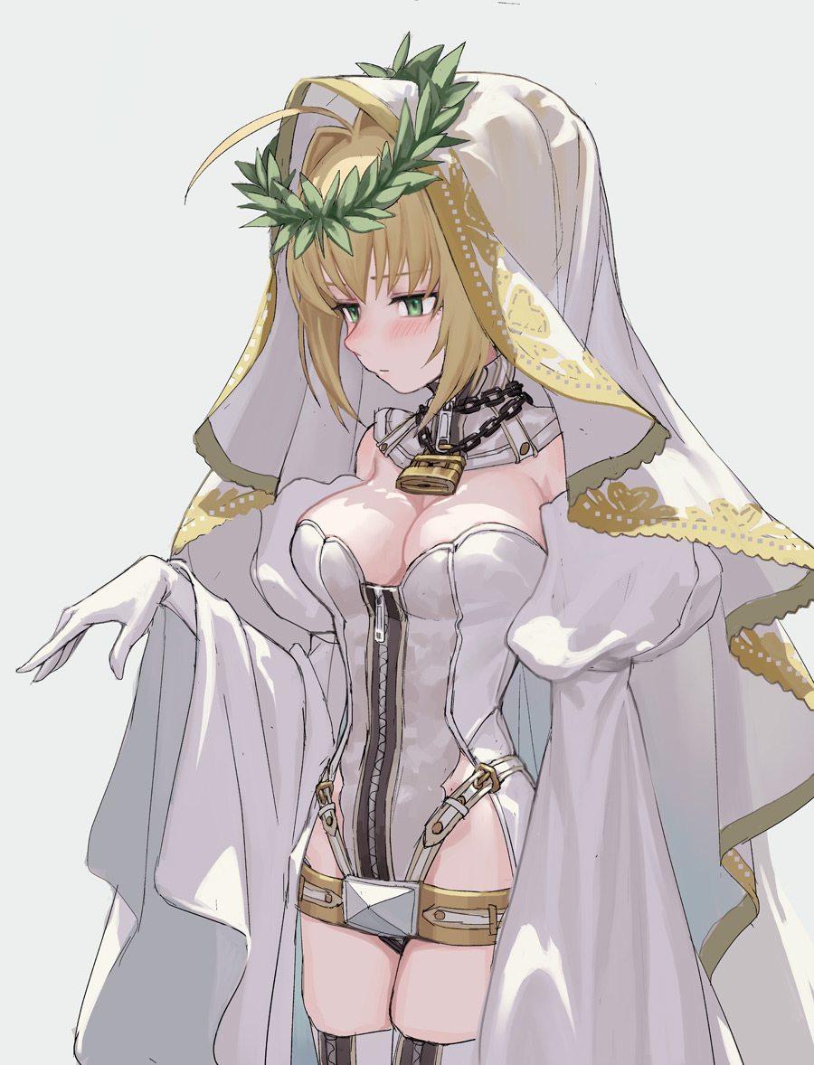 1girl blonde_hair breasts bridal_veil cleavage fate/extra fate/extra_ccc fate_(series) fkey full-length_zipper green_eyes head_wreath large_breasts leotard lock padlock saber_bride saber_extra short_hair simple_background solo strapless strapless_leotard thigh-highs veil white_leotard zipper zipper_pull_tab