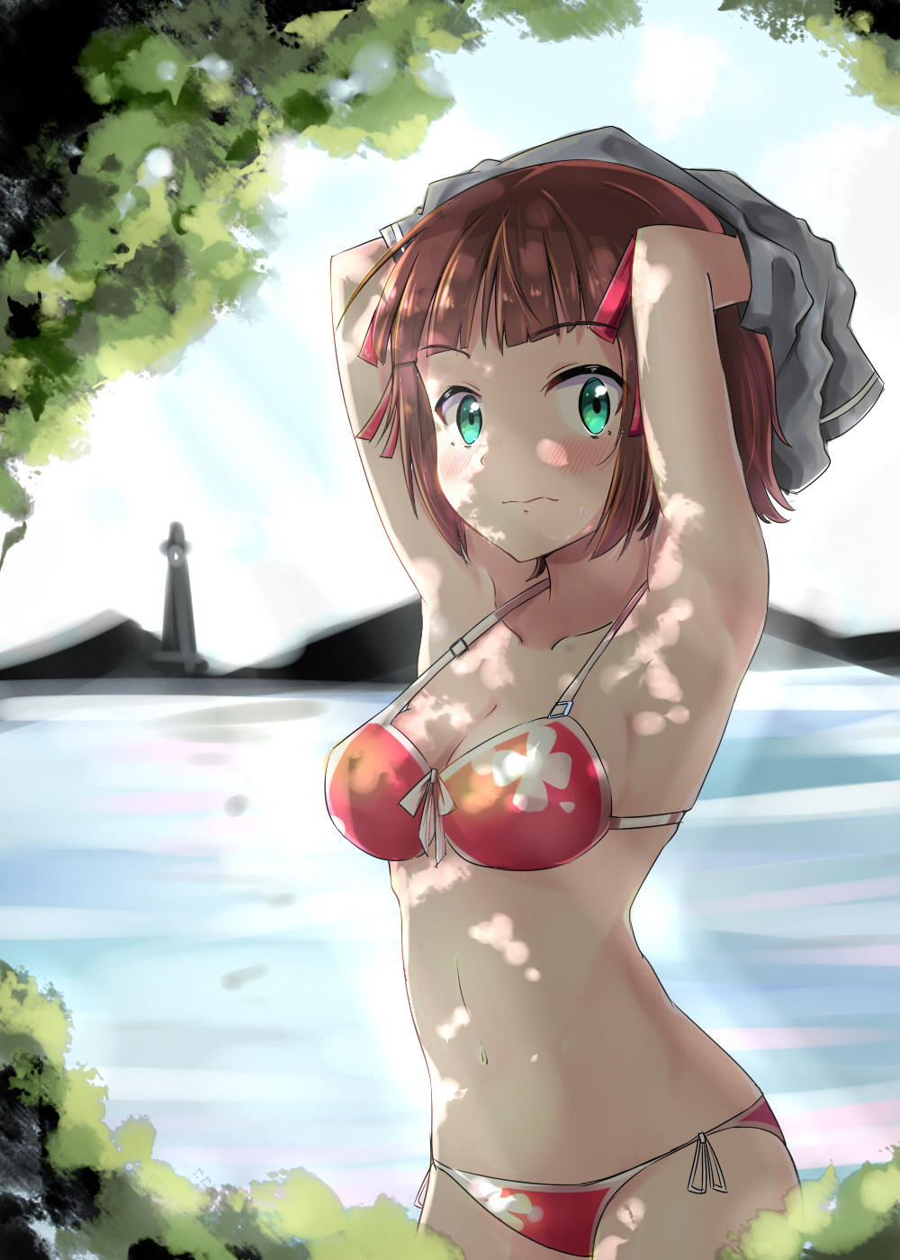 1girl amami_haruka armpits arms_up bikini blush breasts brown_hair day green_eyes highres idolmaster kyouki_no_d-kun looking_at_viewer medium_breasts navel nose_blush outdoors red_bikini side-tie_bikini solo sweatdrop swimsuit undressing wavy_mouth