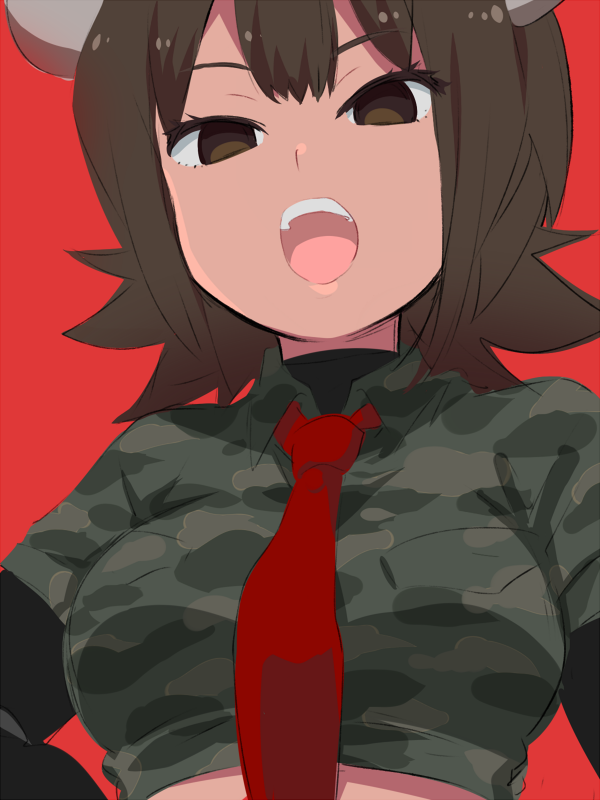 1girl bangs brown_eyes brown_hair camouflage_shirt character_request collared_shirt horns ica kemono_friends long_sleeves looking_at_viewer necktie open_mouth red_background red_neckwear shirt short_sleeves simple_background solo