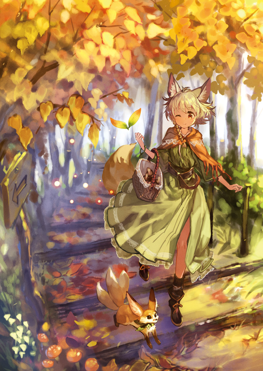 1girl animal_ears belt blonde_hair boots brown_eyes commentary_request day dress fennec_fox forest fox_ears fox_tail frilled_dress frills highres light_particles looking_at_viewer multiple_tails mushroom nature okishiji_en one_eye_closed original outdoors short_hair smile solo tail tree