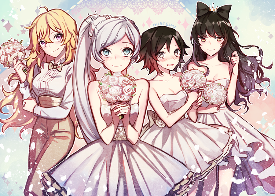 4girls ahoge artist_name black_hair blake_belladonna blonde_hair blue_eyes blush bouquet bow bowtie crown dress ecru flower grey_eyes hair_bow mini_crown multiple_girls petals redhead ruby_rose rwby scar scar_across_eye strapless strapless_dress tuxedo tuxedo_shirt violet_eyes wedding_dress weiss_schnee white_hair yang_xiao_long yellow_eyes