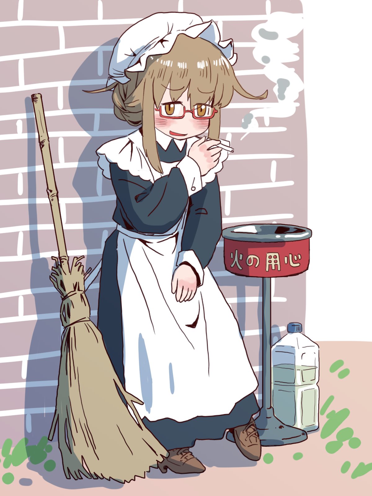 1girl alternate_costume apron bamboo_broom blush bottle braid broom brown_eyes brown_footwear brown_hair enmaided glasses highres kantai_collection kisei_mt long_sleeves looking_at_viewer maid maid_apron maid_headdress mochizuki_(kantai_collection) open_mouth outdoors semi-rimless_eyewear smoking solo white_apron