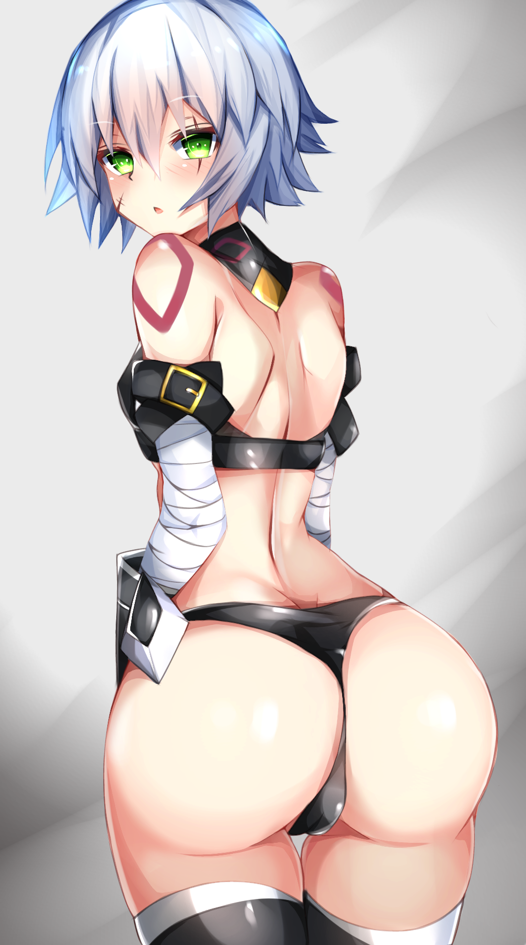 1girl :o ass assassin_of_black bandage bandaged_arm bare_back belt black_legwear black_panties blush commentary_request fate/apocrypha fate_(series) from_behind green_eyes highres looking_at_viewer looking_back monotosu panties scar scar_across_eye scar_on_cheek short_hair solo thigh-highs underwear white_hair