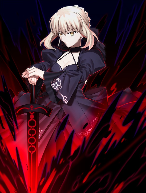 1girl artoria_pendragon_(all) black_dress blonde_hair breasts cleavage dark_excalibur dress fate/stay_night fate_(series) pale_skin saber_alter sen_(77nuvola) solo yellow_eyes