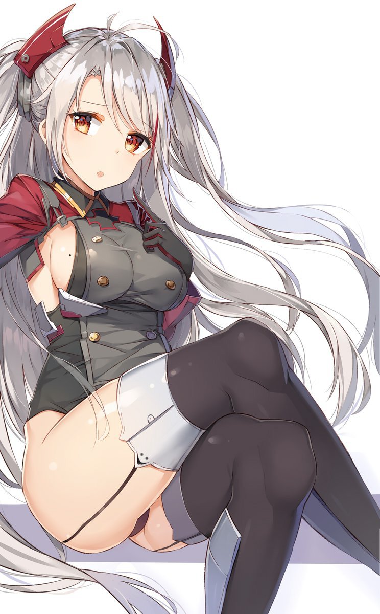 1girl :o ahoge azur_lane bangs black_gloves black_leotard blush breasts brown_eyes commentary_request garter_straps gloves headgear highlights highres iron_cross large_breasts legs legs_crossed leotard long_hair long_sleeves looking_at_viewer mole mole_on_breast multicolored_hair open_mouth prinz_eugen_(azur_lane) redhead rikoma sideboob sidelocks silver_hair simple_background sitting solo thigh-highs thighs two_side_up very_long_hair white_background